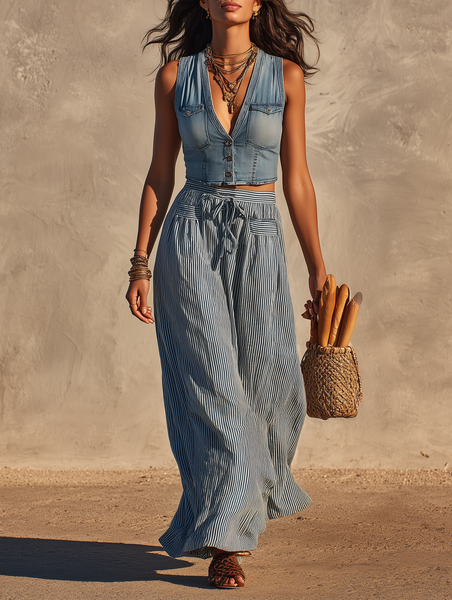 Women's Minimalist Denim Cropped Vest & Striped Midi Skirt Set