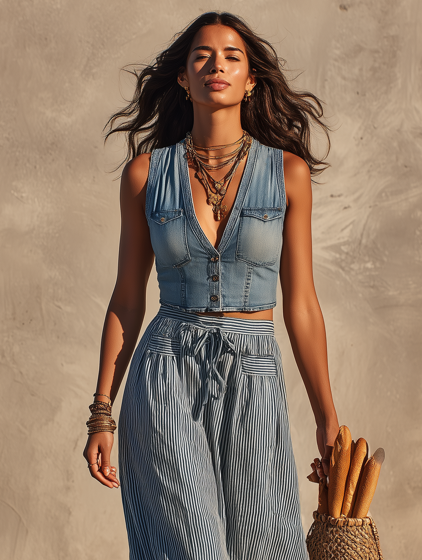 Women's Minimalist Denim Cropped Vest & Striped Midi Skirt Set