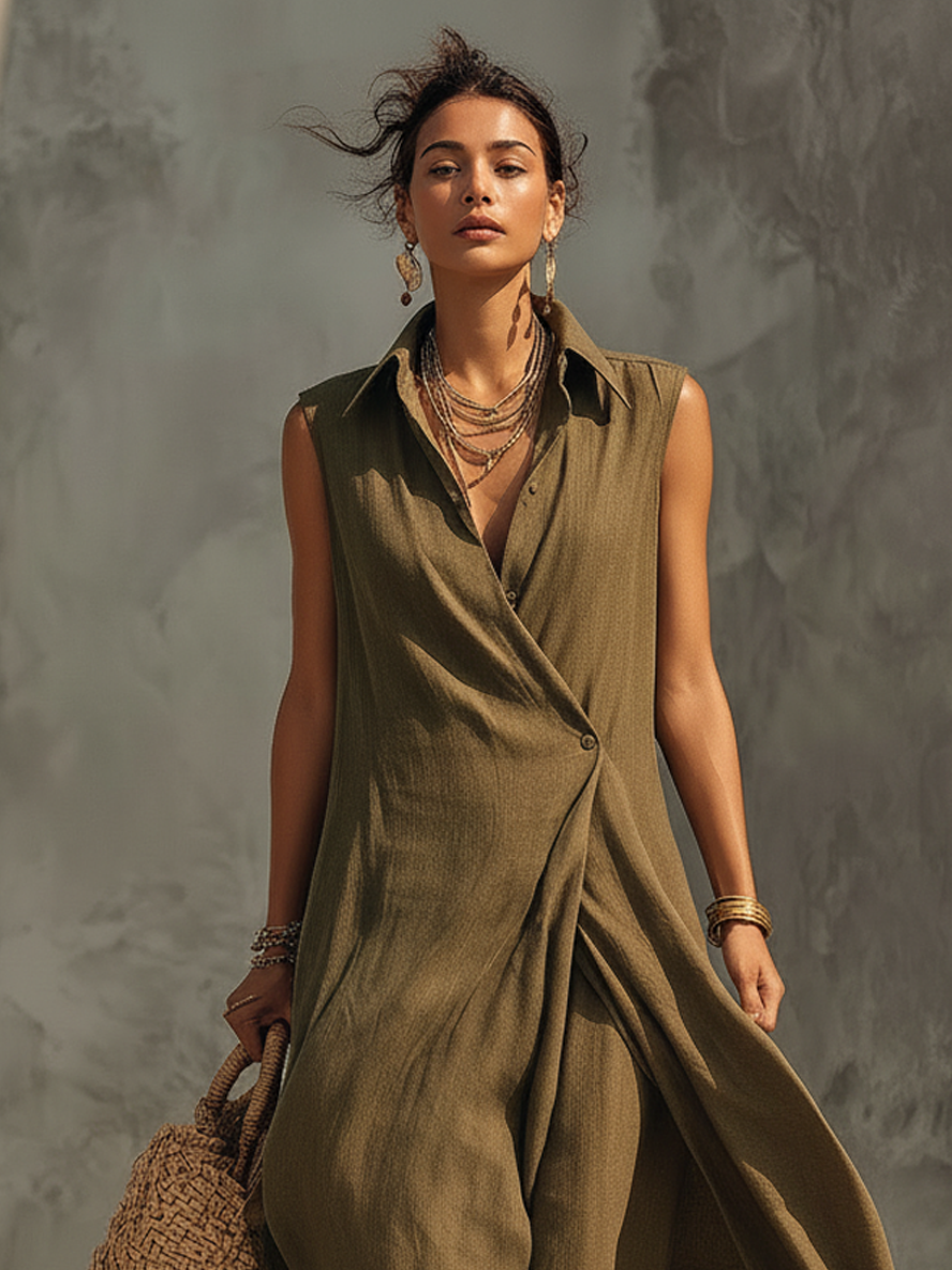 Women's Minimalist Asymmetrical Single-Button Sleeveless Linen-Blend Maxi Dress
