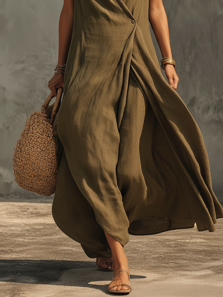Women's Minimalist Asymmetrical Single-Button Sleeveless Linen-Blend Maxi Dress