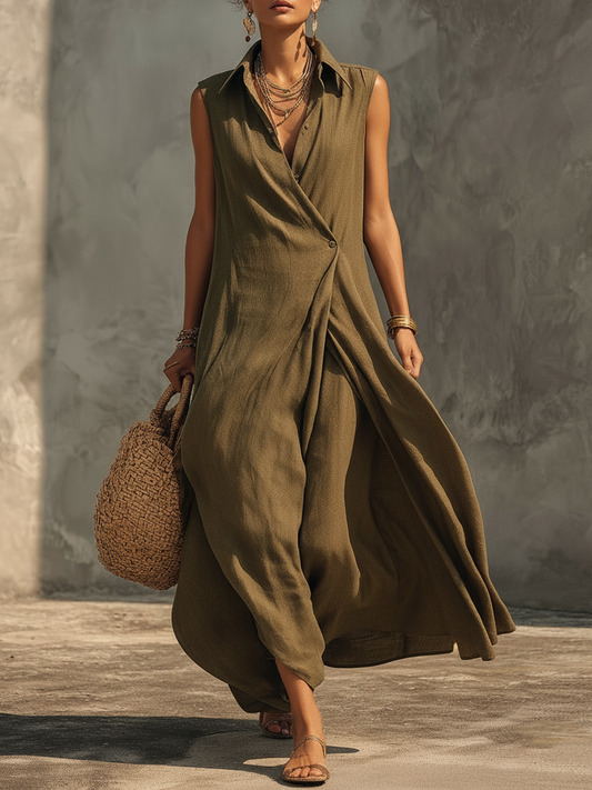 Women's Minimalist Asymmetrical Single-Button Sleeveless Linen-Blend Maxi Dress
