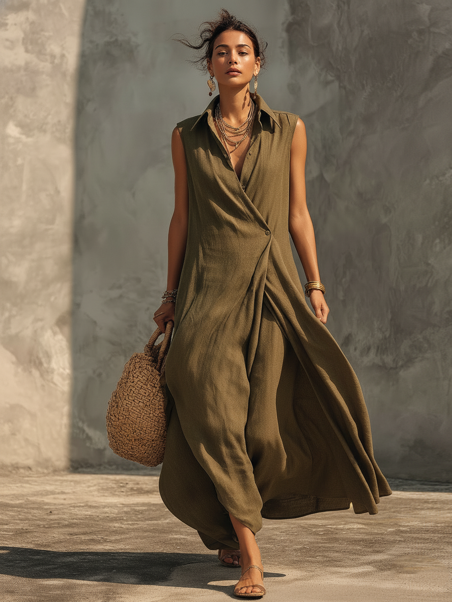 Women's Minimalist Asymmetrical Single-Button Sleeveless Linen-Blend Maxi Dress