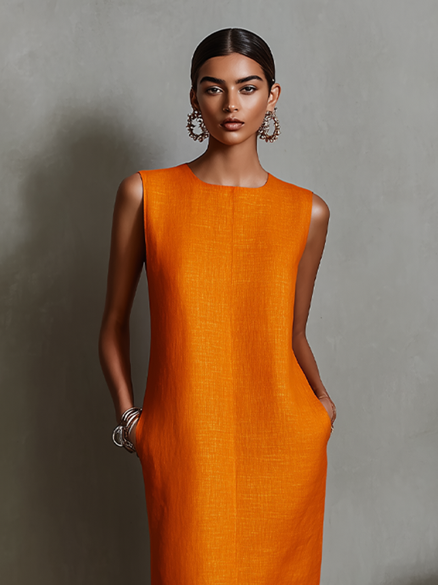 Women's Orange Linen Shift Dress With Sleeveless Round Neck & Side Pockets, Timeless Minimalist-Elegant Style Dress