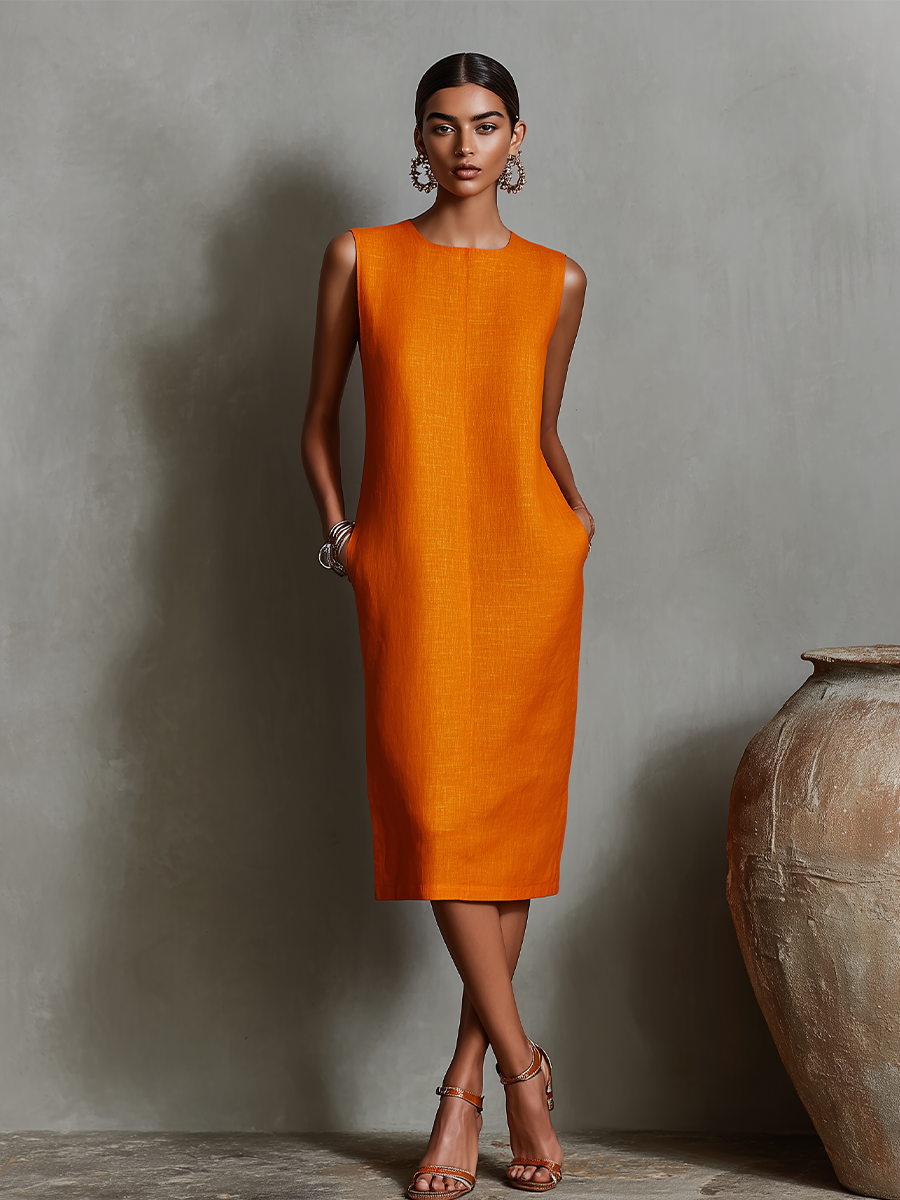 Women's Orange Linen Shift Dress With Sleeveless Round Neck & Side Pockets, Timeless Minimalist-Elegant Style Dress