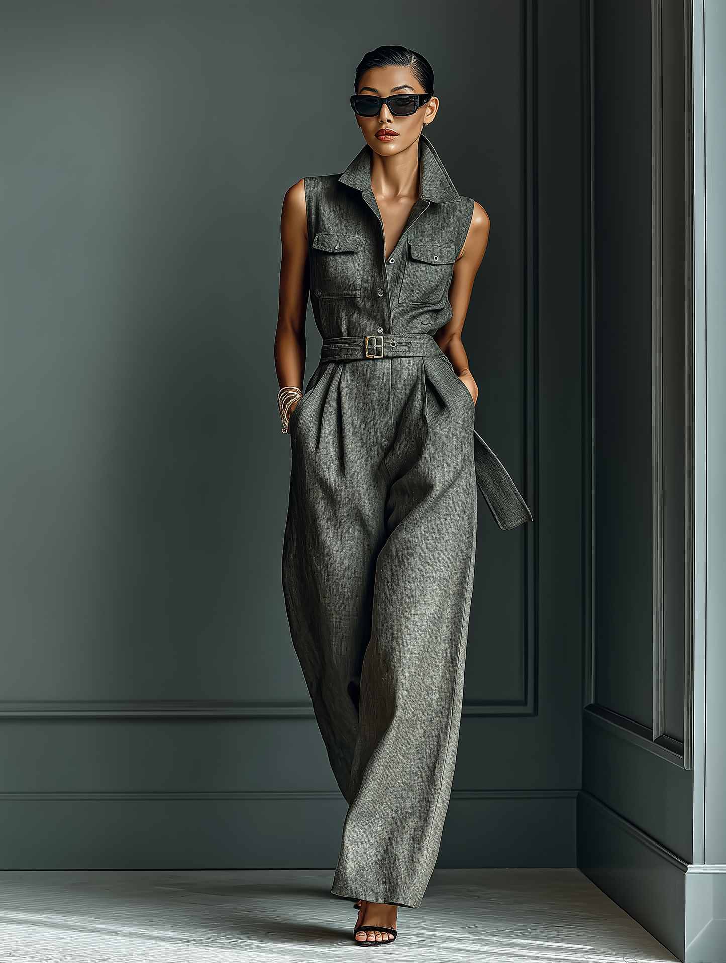 Women’s Charcoal Gray Linen-Blend Sleeveless Utility Belted Wide-Leg Jumpsuit