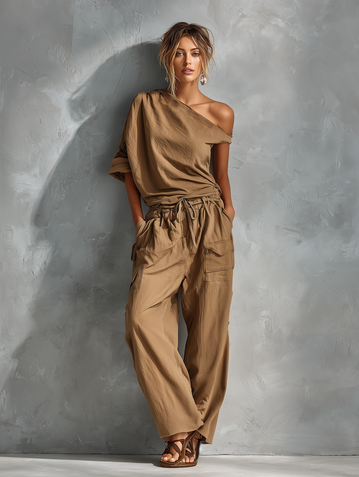 Women’s Camel Crinkled Cotton Asymmetrical One-Shoulder Ruched Crop Top And Linen-Blend Drawstring Waist Wide-Leg Cargo Pants Set