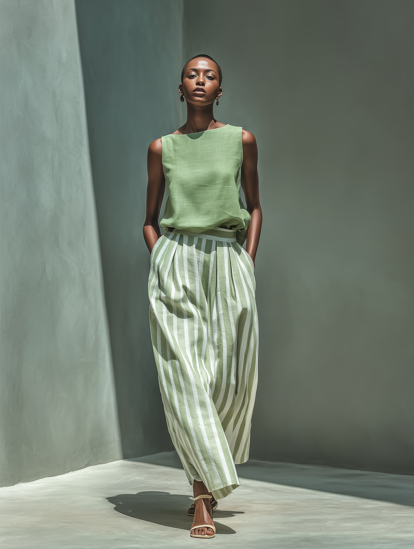 Women’s Sage Green Linen-Blend Solid Top & Striped Skirt Two-Piece Set