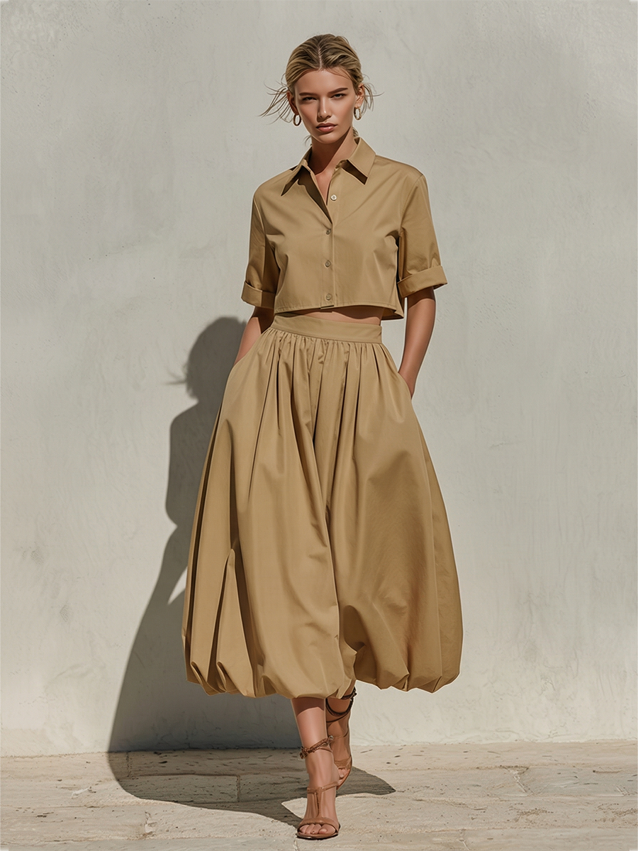 Women's Khaki Cotton Two-Piece Set With Cropped Button-Down Shirt & Voluminous Balloon Midi Skirt, Timeless Minimalist-Chic Style Set