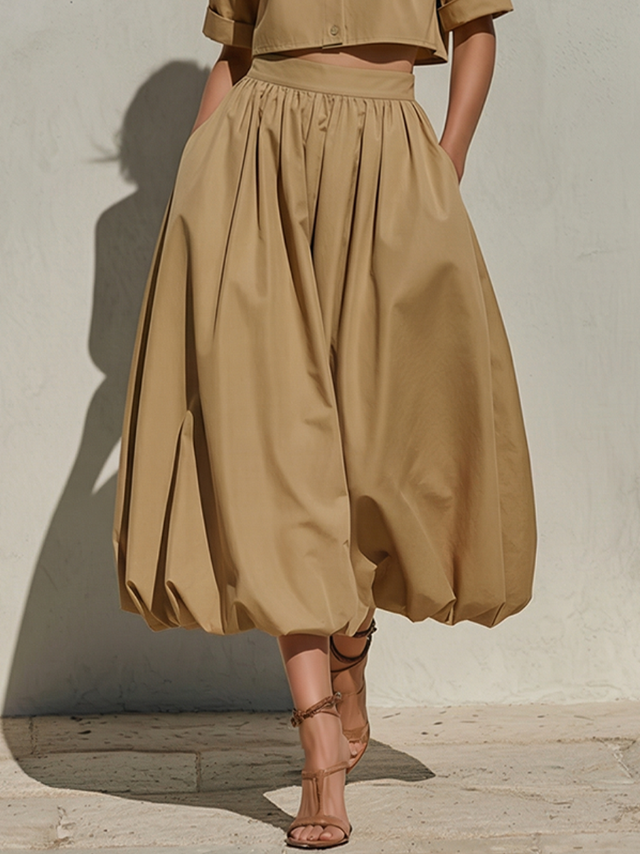 Women's Khaki Cotton Two-Piece Set With Cropped Button-Down Shirt & Voluminous Balloon Midi Skirt, Timeless Minimalist-Chic Style Set