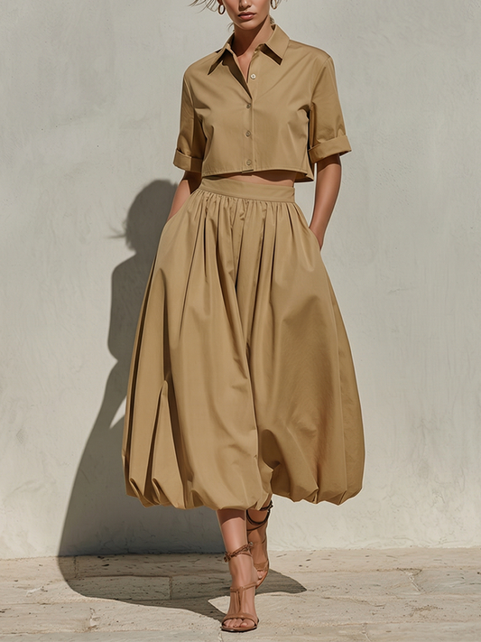 Women's Khaki Cotton Two-Piece Set With Cropped Button-Down Shirt & Voluminous Balloon Midi Skirt, Timeless Minimalist-Chic Style Set