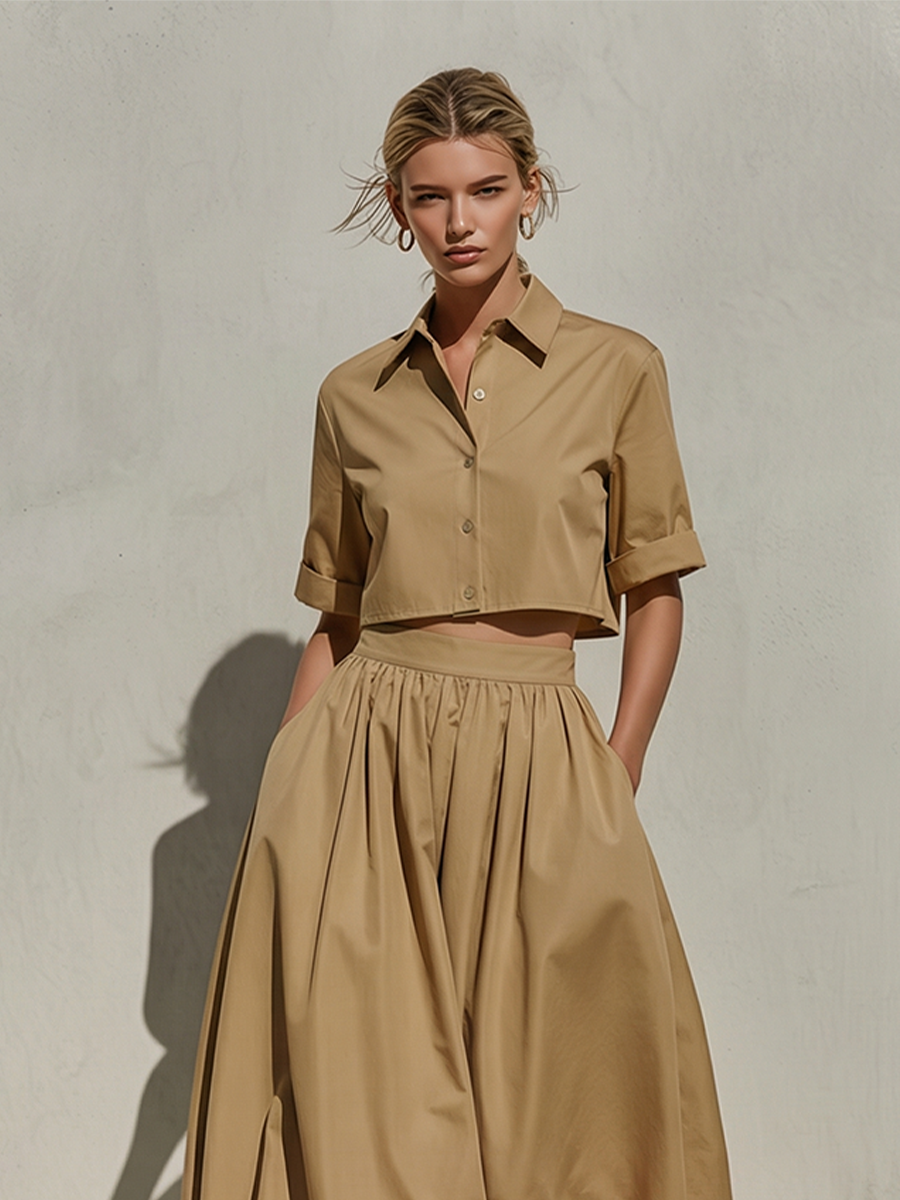 Women's Khaki Cotton Two-Piece Set With Cropped Button-Down Shirt & Voluminous Balloon Midi Skirt, Timeless Minimalist-Chic Style Set