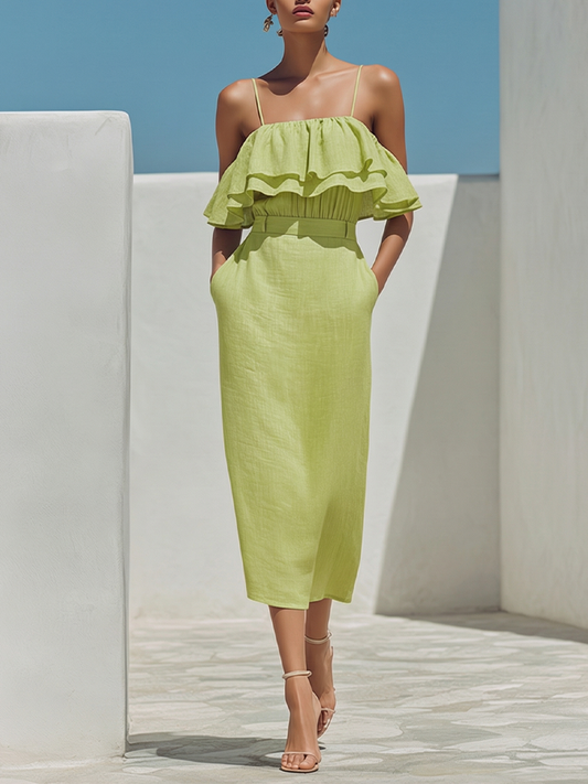 Women's Lime Green Linen Midi Dress With Spaghetti Straps & Ruffle Overlay, Timeless Boho-Resort Style Dress