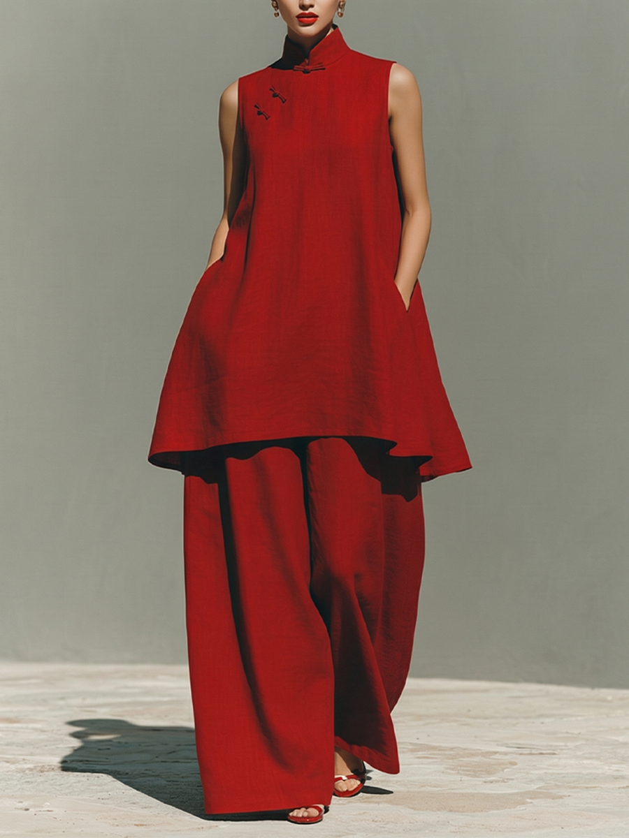 Women's Red Linen Two-Piece Set With Mandarin Collar & Frog Button Detail, Modern Minimalist-Elegant Style Set