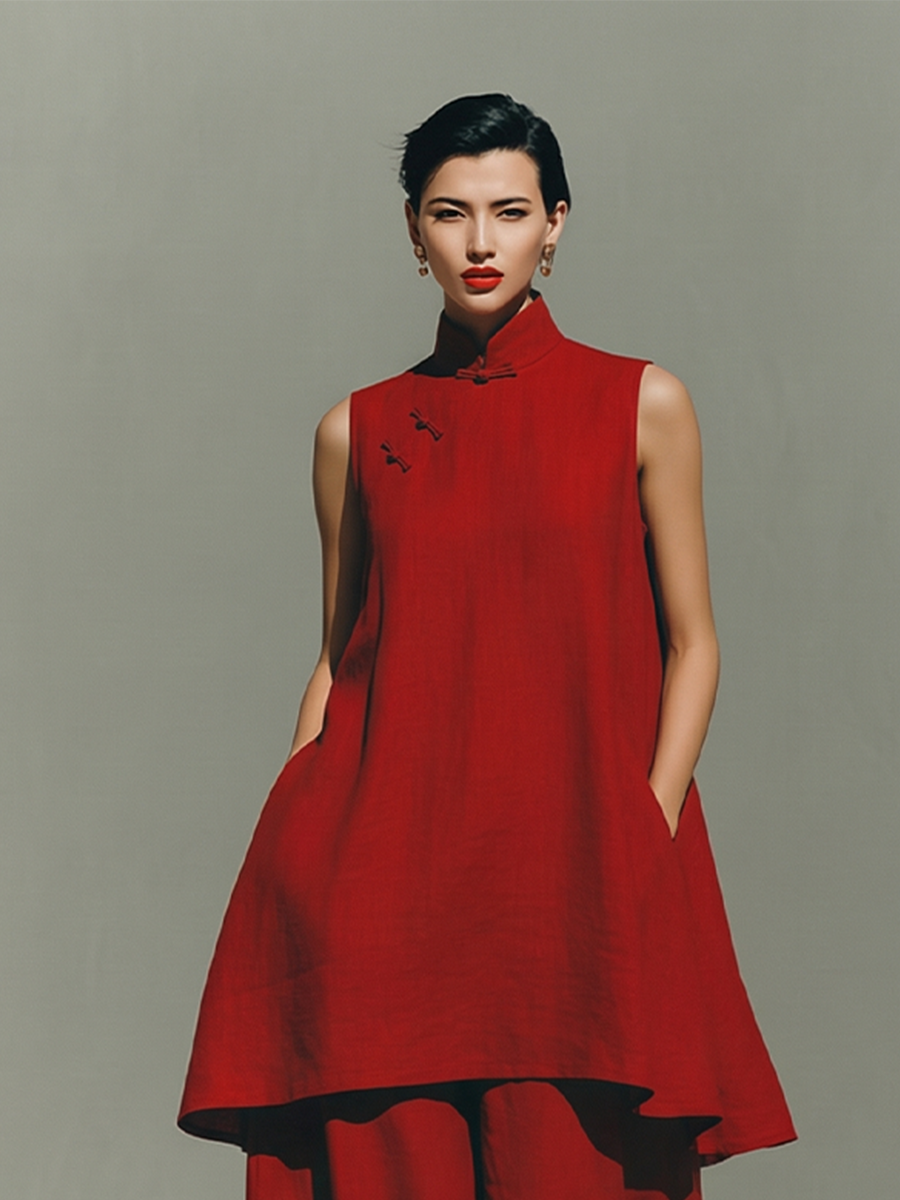 Women's Red Linen Two-Piece Set With Mandarin Collar & Frog Button Detail, Modern Minimalist-Elegant Style Set