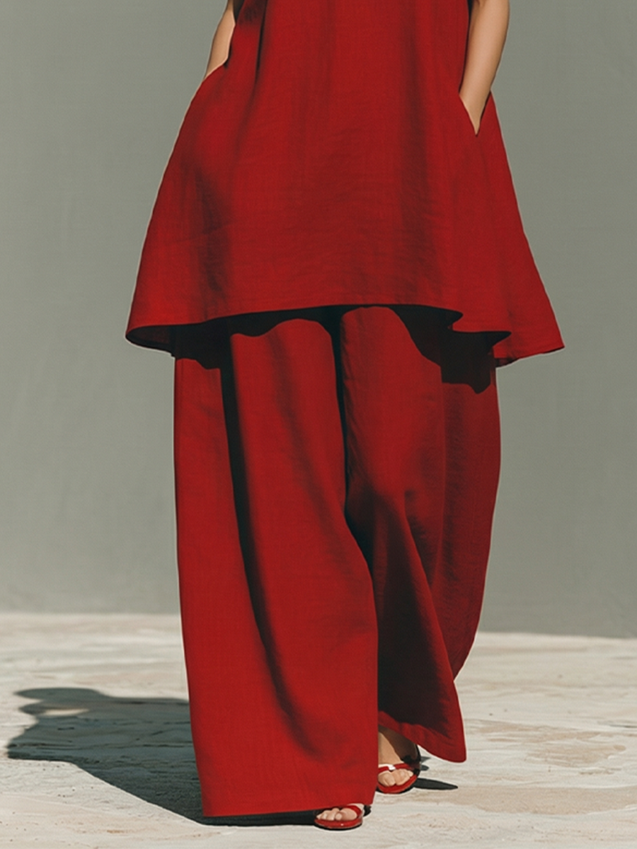 Women's Red Linen Two-Piece Set With Mandarin Collar & Frog Button Detail, Modern Minimalist-Elegant Style Set