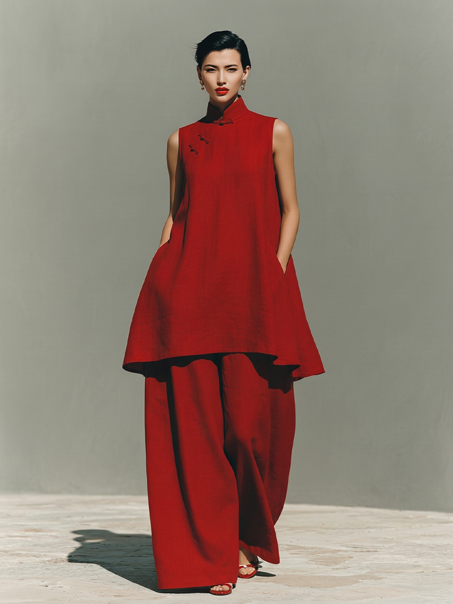 Women's Red Linen Two-Piece Set With Mandarin Collar & Frog Button Detail, Modern Minimalist-Elegant Style Set