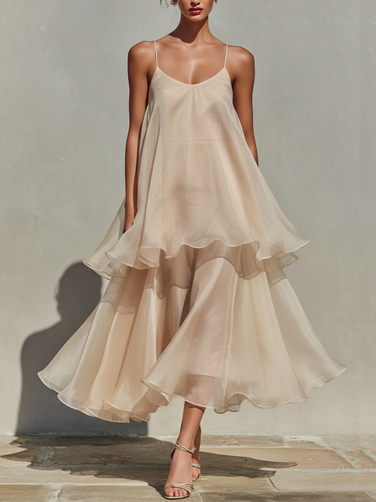 Women's Champagne Chiffon Midi Dress With Spaghetti Straps & Layered Ruffle Hem, Timeless Romantic-Resort Style Dress