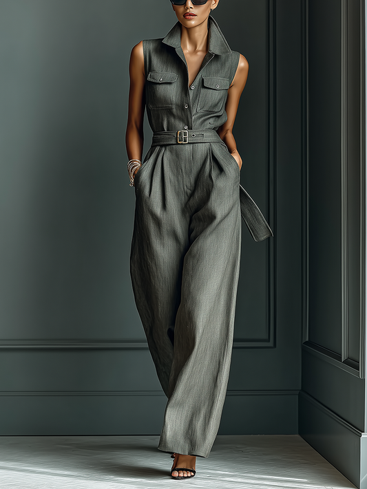Women’s Charcoal Gray Linen-Blend Sleeveless Utility Belted Wide-Leg Jumpsuit