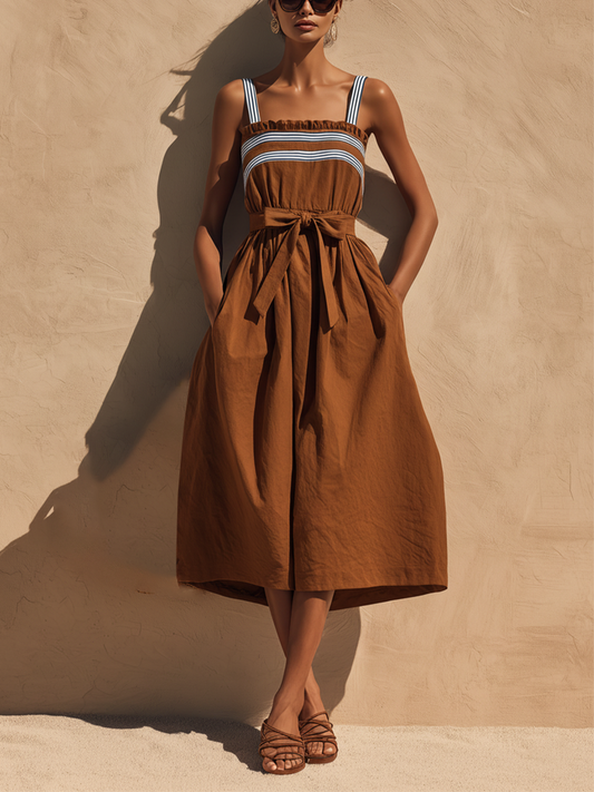 Women’s Camel Linen-Blend Striped Shoulder Tie-Waist Pocketed Midi Dress