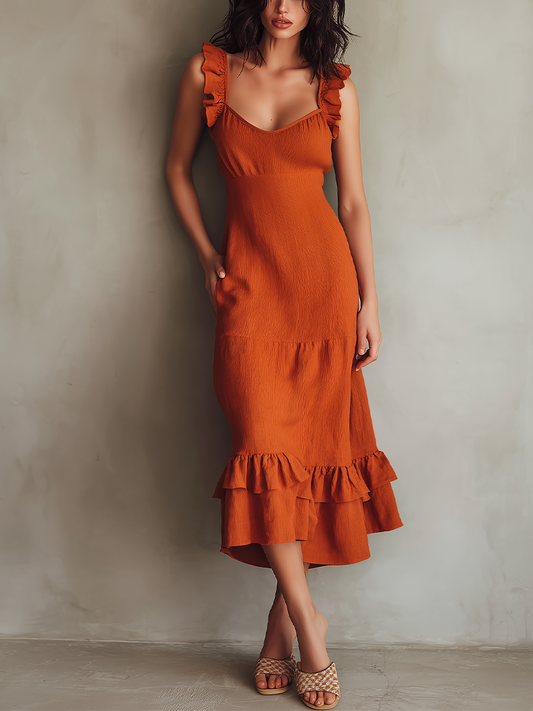 Women’s Rust Orange Cotton Blend Fabric Ruffle Strap Tiered Midi Dress With Pockets