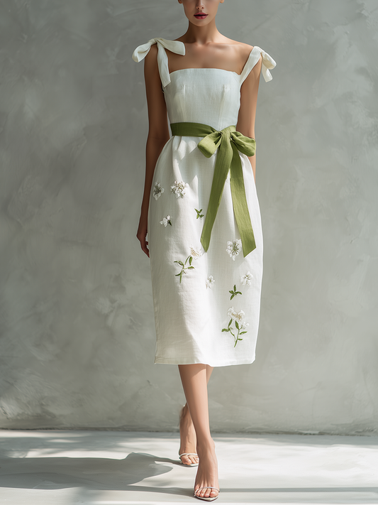 Women’s White Linen-Blend Floral Embroidered Tie-Strap Midi Dress With Contrast Green Belt