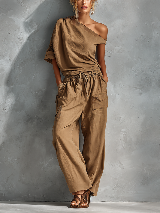 Women’s Camel Crinkled Cotton Asymmetrical One-Shoulder Ruched Crop Top And Linen-Blend Drawstring Waist Wide-Leg Cargo Pants Set