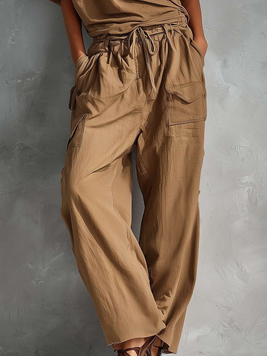 Women’s Camel Crinkled Cotton Asymmetrical One-Shoulder Ruched Crop Top And Linen-Blend Drawstring Waist Wide-Leg Cargo Pants Set