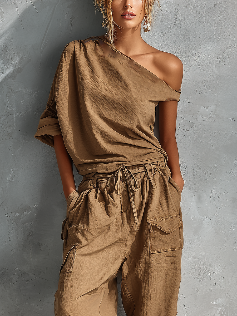 Women’s Camel Crinkled Cotton Asymmetrical One-Shoulder Ruched Crop Top And Linen-Blend Drawstring Waist Wide-Leg Cargo Pants Set