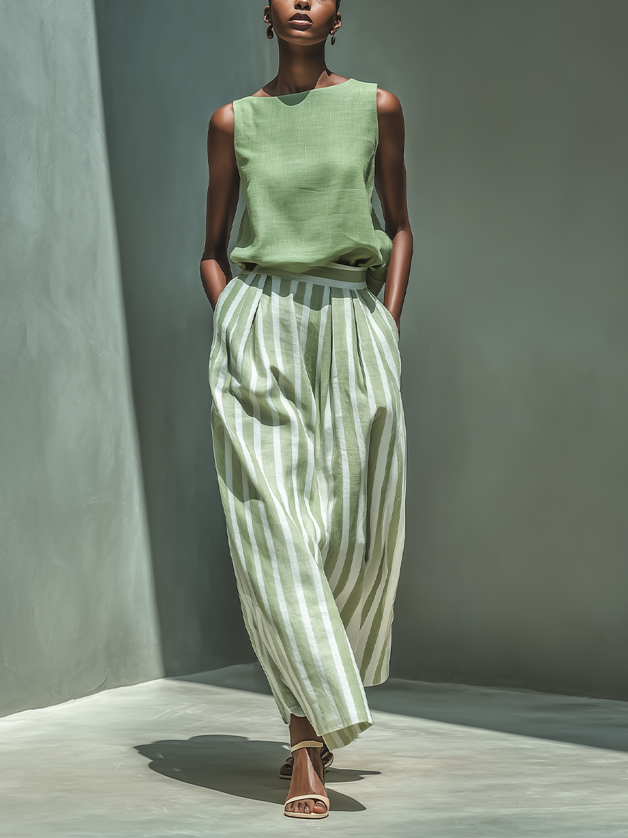 Women’s Sage Green Linen-Blend Solid Top & Striped Skirt Two-Piece Set