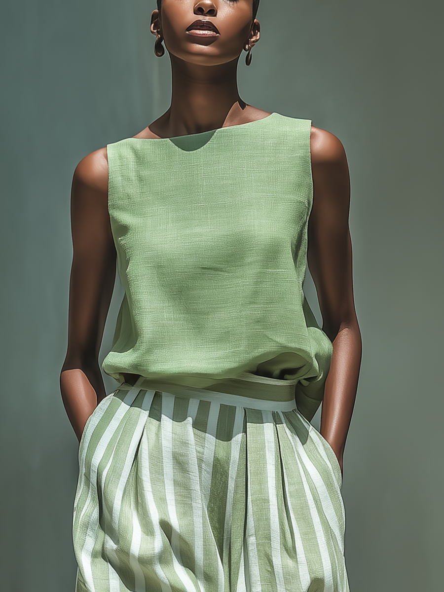 Women’s Sage Green Linen-Blend Solid Top & Striped Skirt Two-Piece Set