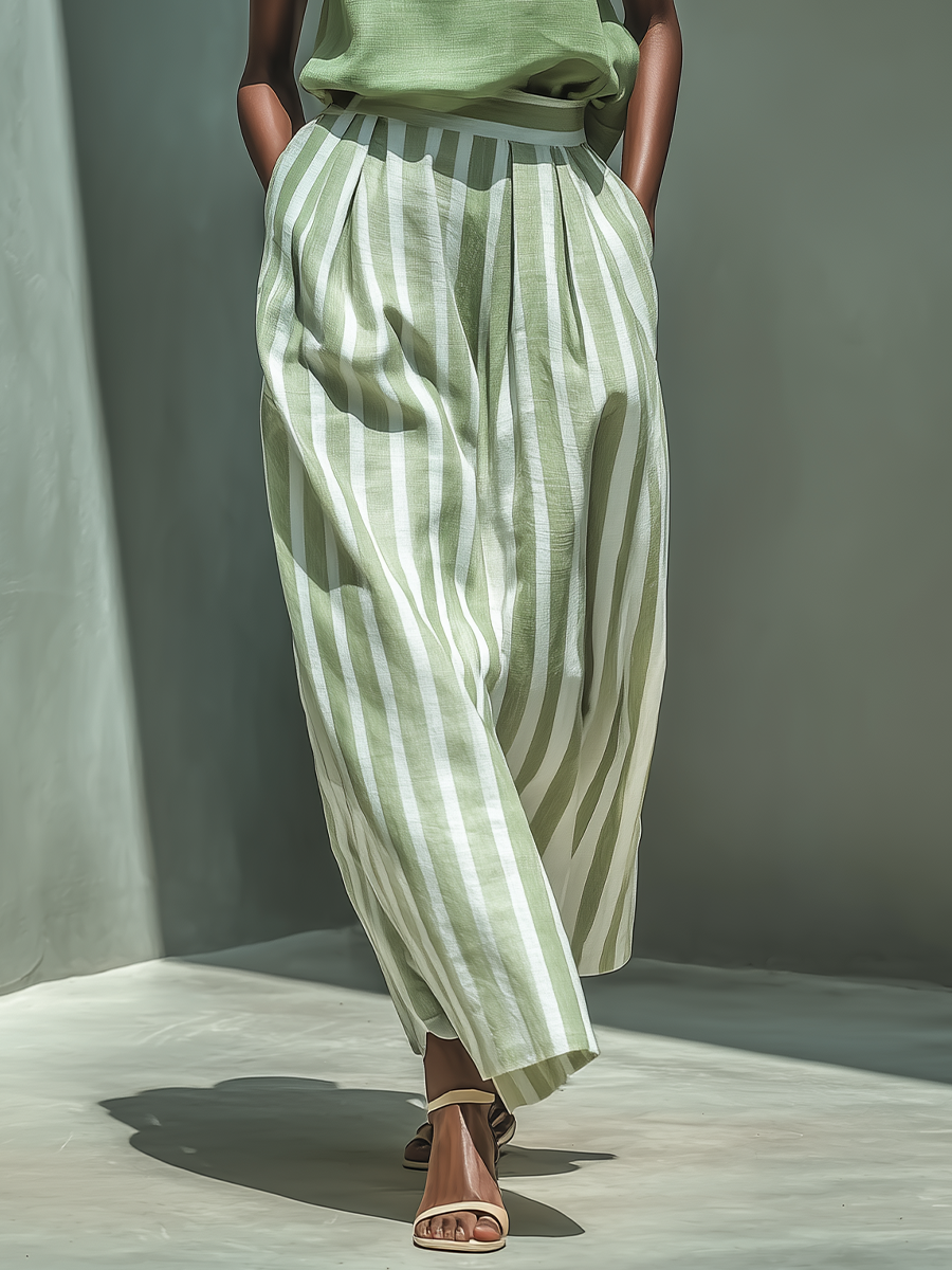 Women’s Sage Green Linen-Blend Solid Top & Striped Skirt Two-Piece Set