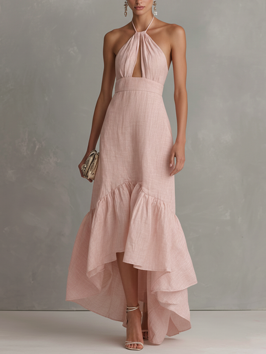 Women's Elegant Pink Cotton-Linen Halter Maxi Dress With Front Cutout And Ruffles