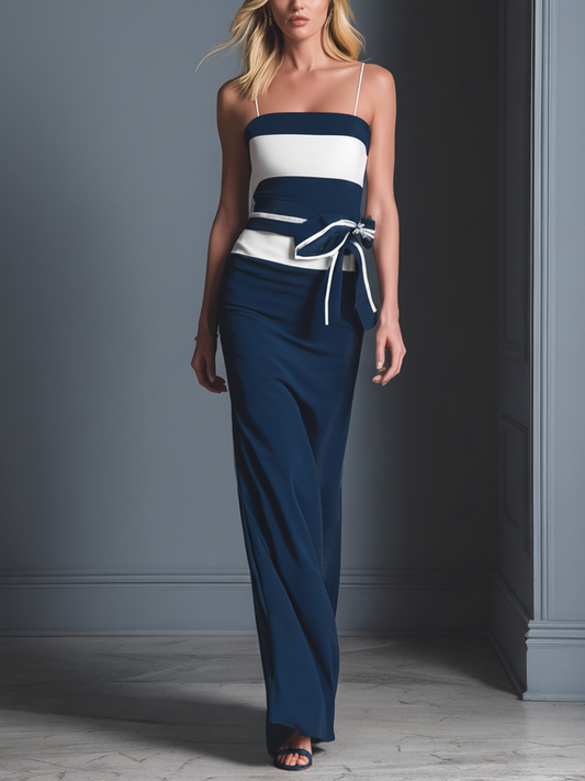Women’s Navy Blue & White High-Elasticity Knit Striped Spaghetti Strap Belted Maxi Dress