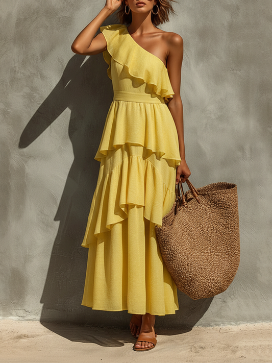 Women's Yellow Textured Maxi Dress With One-Shoulder Ruffle & Tiered Layered Skirt, Timeless Boho-Resort Style Dress