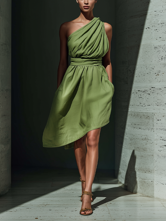 Women’s Sage Green Linen-Blend One-Shoulder Draped Asymmetrical Midi Dress
