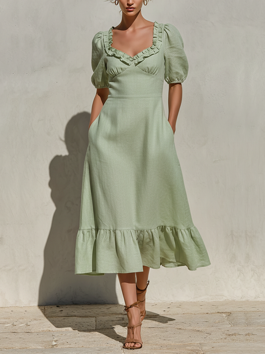 Women's Sage Green Textured Linen Dress With Sweetheart Neck & Side Pockets, Modern Feminine-Chic Style Dress