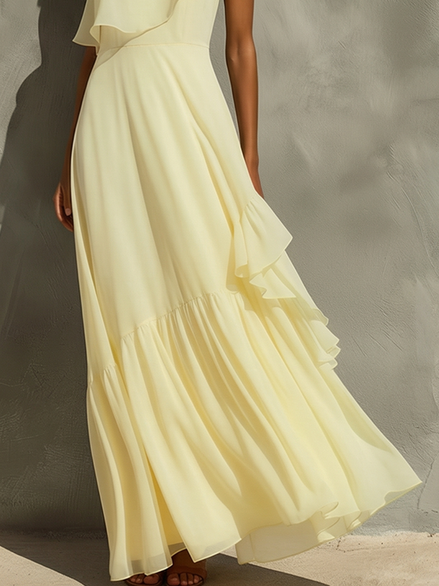 Women's Pale Yellow Chiffon Maxi Dress With One-Shoulder Ruffle & Tiered Flowy Skirt, Timeless Romantic-Resort Style Dress