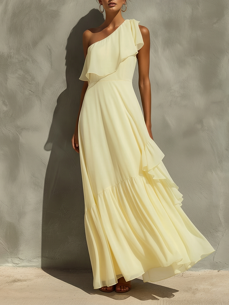 Women's Pale Yellow Chiffon Maxi Dress With One-Shoulder Ruffle & Tiered Flowy Skirt, Timeless Romantic-Resort Style Dress