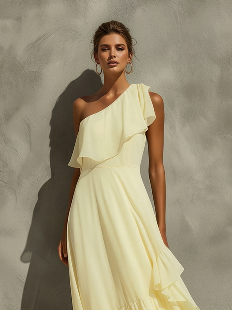 Women's Pale Yellow Chiffon Maxi Dress With One-Shoulder Ruffle & Tiered Flowy Skirt, Timeless Romantic-Resort Style Dress