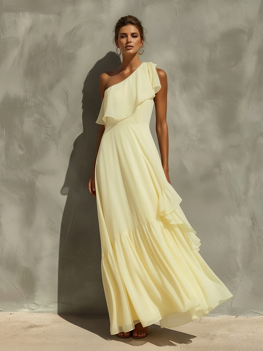 Women's Pale Yellow Chiffon Maxi Dress With One-Shoulder Ruffle & Tiered Flowy Skirt, Timeless Romantic-Resort Style Dress