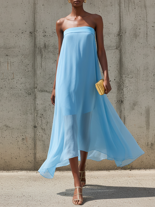 Women's Sky Blue Chiffon Midi Dress With Strapless Straight Neck & Asymmetric High-Low Hem, Timeless Minimalist-Elegant Style Dress