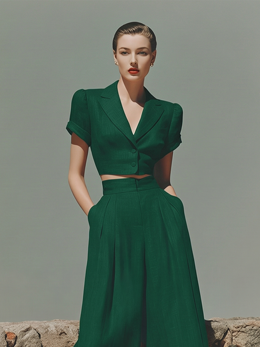 Women's Green Linen Two-Piece Set With Cropped Blazer & High-Waisted Wide-Leg Pants, Timeless Retro-Chic Style Set