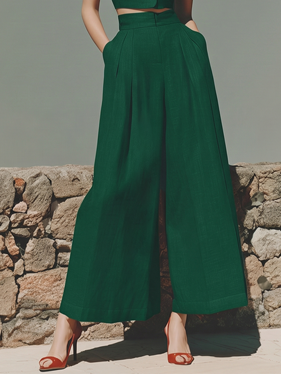 Women's Green Linen Two-Piece Set With Cropped Blazer & High-Waisted Wide-Leg Pants, Timeless Retro-Chic Style Set