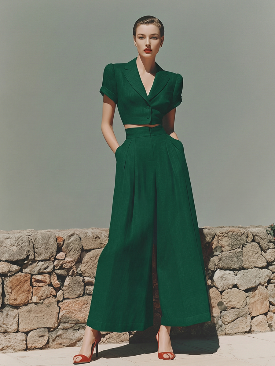 Women's Green Linen Two-Piece Set With Cropped Blazer & High-Waisted Wide-Leg Pants, Timeless Retro-Chic Style Set