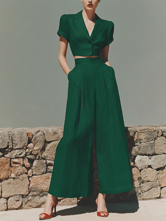 Women's Green Linen Two-Piece Set With Cropped Blazer & High-Waisted Wide-Leg Pants, Timeless Retro-Chic Style Set