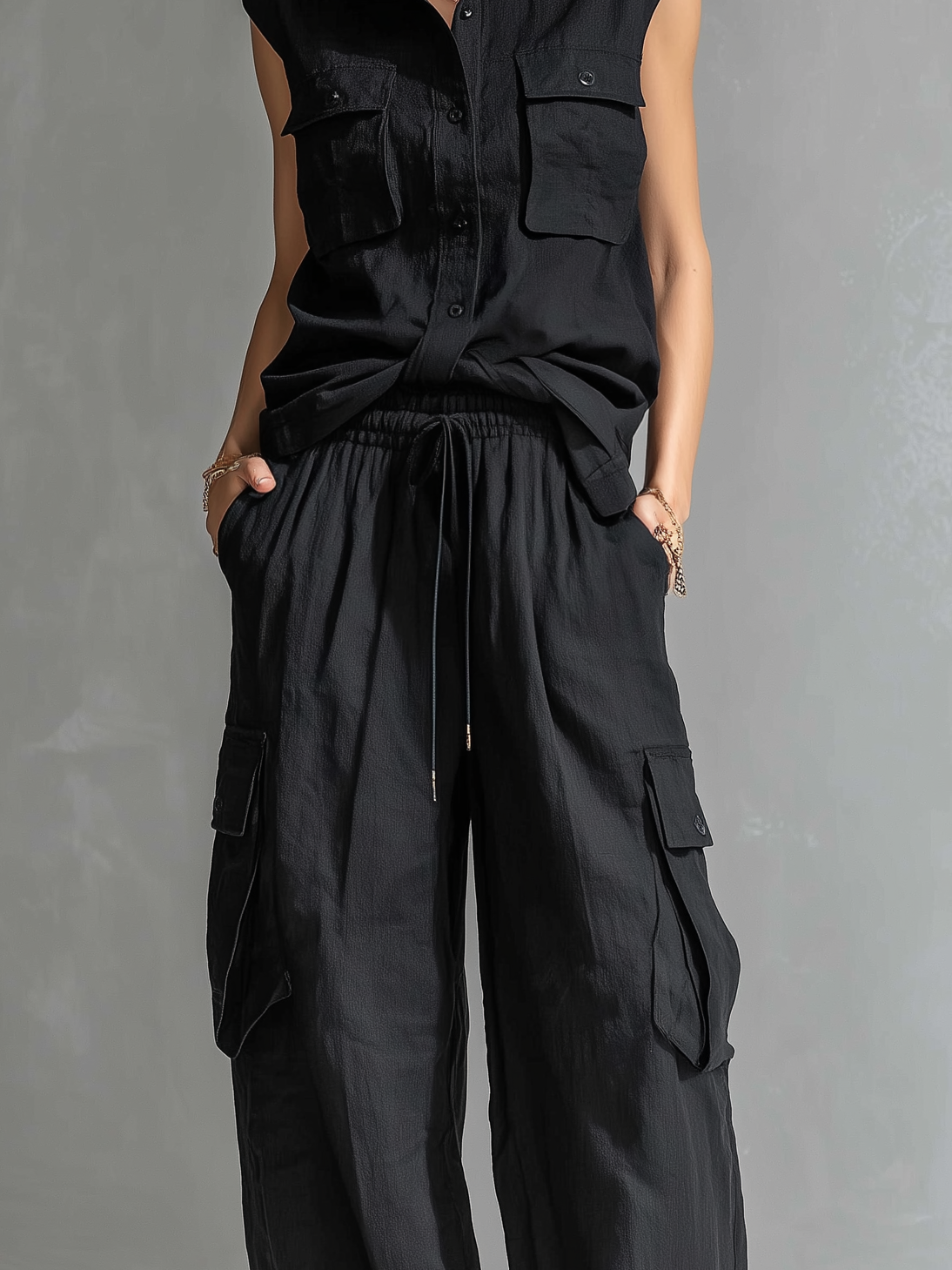 Women's Casual Black Cotton-Linen Sleeveless Shirt Top And Trousers Set