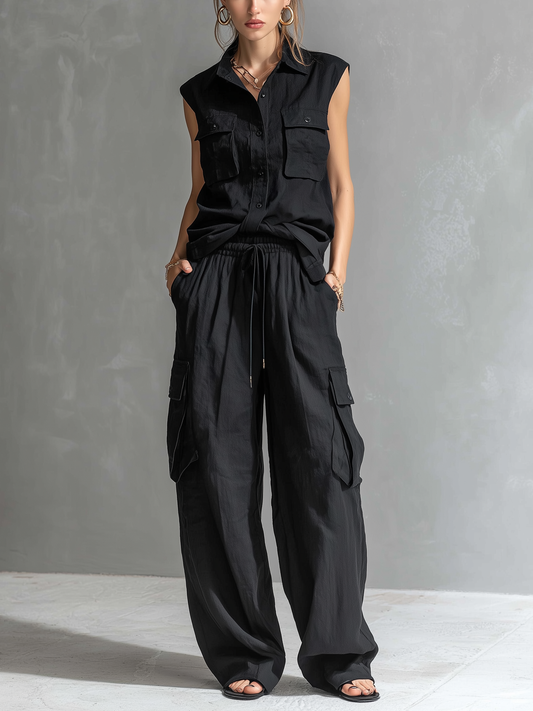 Women's Casual Black Cotton-Linen Sleeveless Shirt Top And Trousers Set
