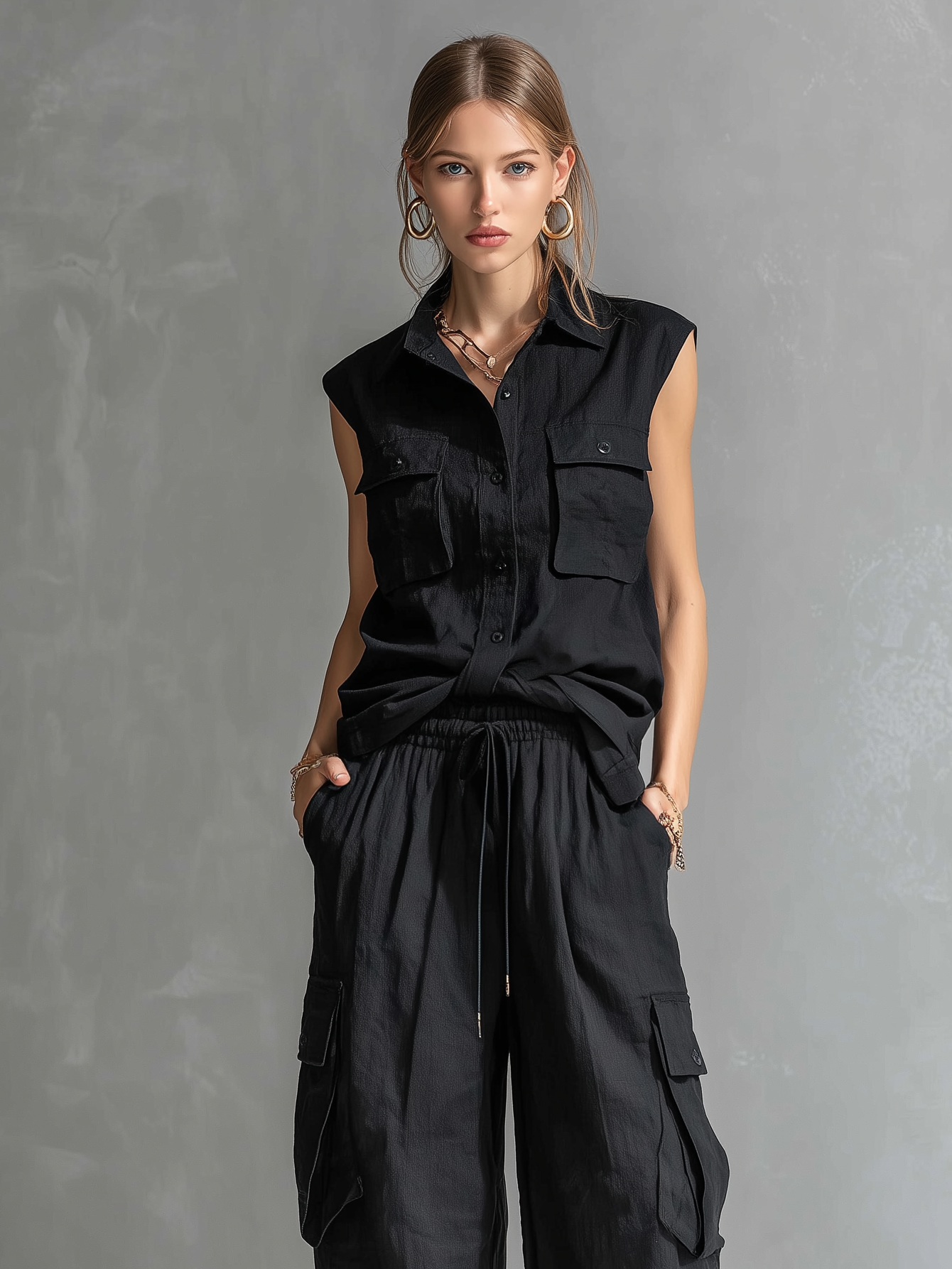 Women's Casual Black Cotton-Linen Sleeveless Shirt Top And Trousers Set