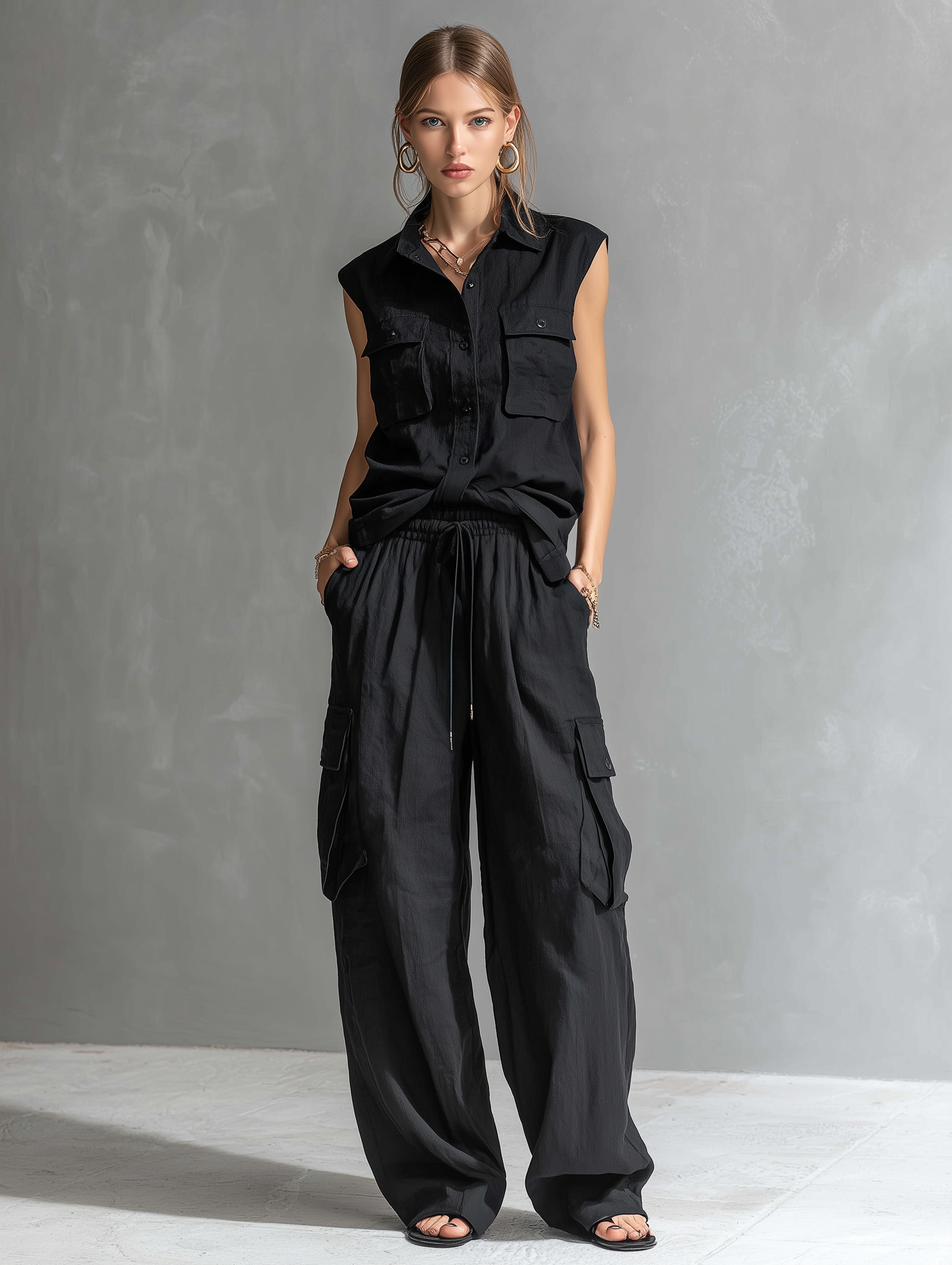 Women's Casual Black Cotton-Linen Sleeveless Shirt Top And Trousers Set