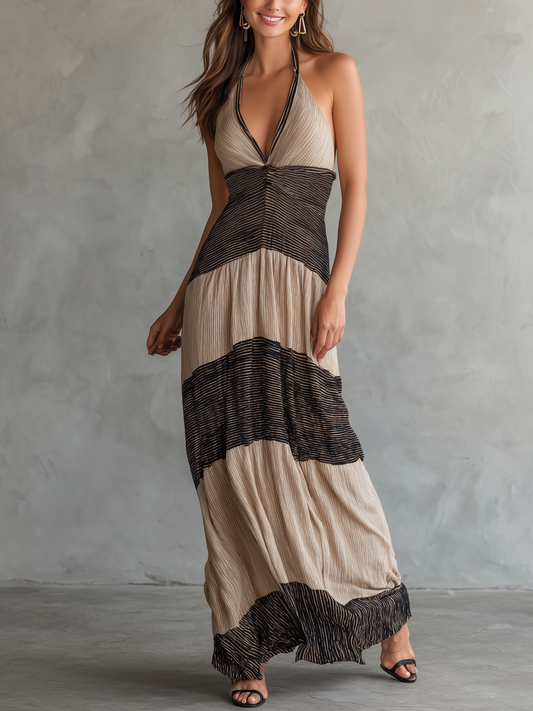 Women's Casual Beige Striped Knit Maxi Dress — Stretchy, Printed, Spaghetti-Strap, V-Neck, Sleeveless